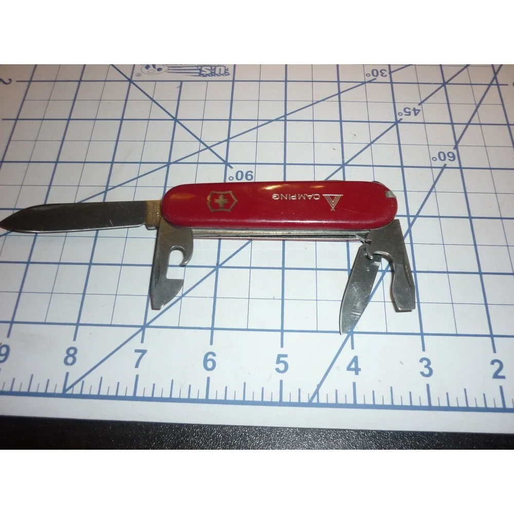 Vintage‎ Victorinox Camping Swiss Army Knife Red Tent Logo Wood Saw Switzerland